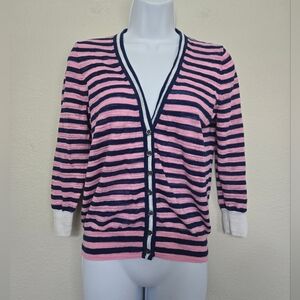 J Crew Striped Cotton Blend V Neck Sweater Cardigan Pink Blue size small